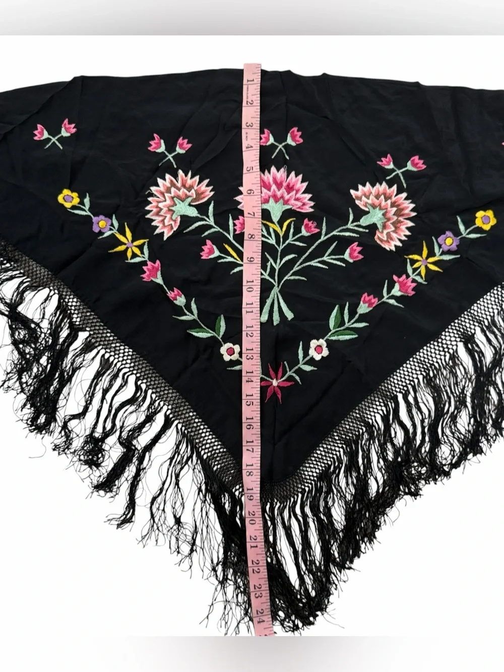 Women’s Black Colorful Floral Embroidered Fringe  Spanish Flamenco Piano Shawl